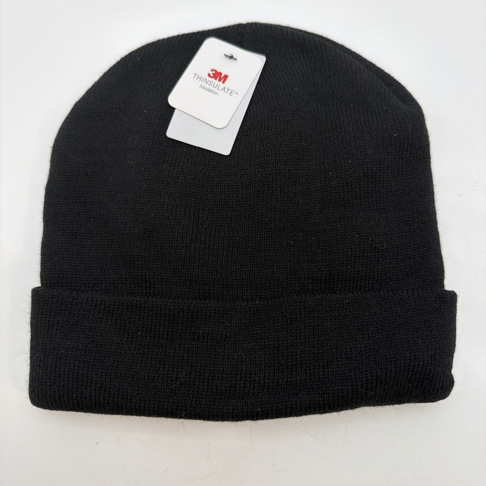 classic black cuffed beanie features a distinct white 3M Thinsulate tag